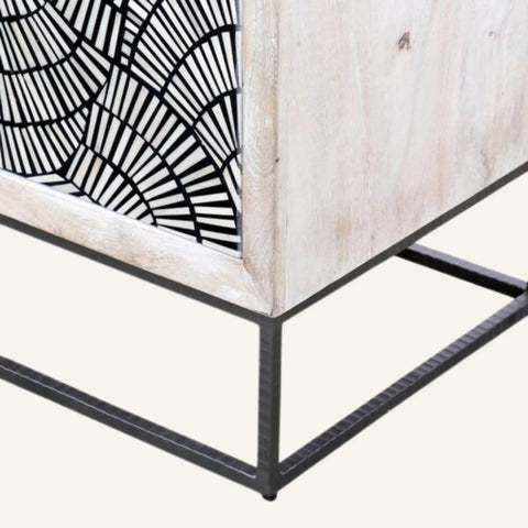 Wooden shelf with black metal frame on a white background
