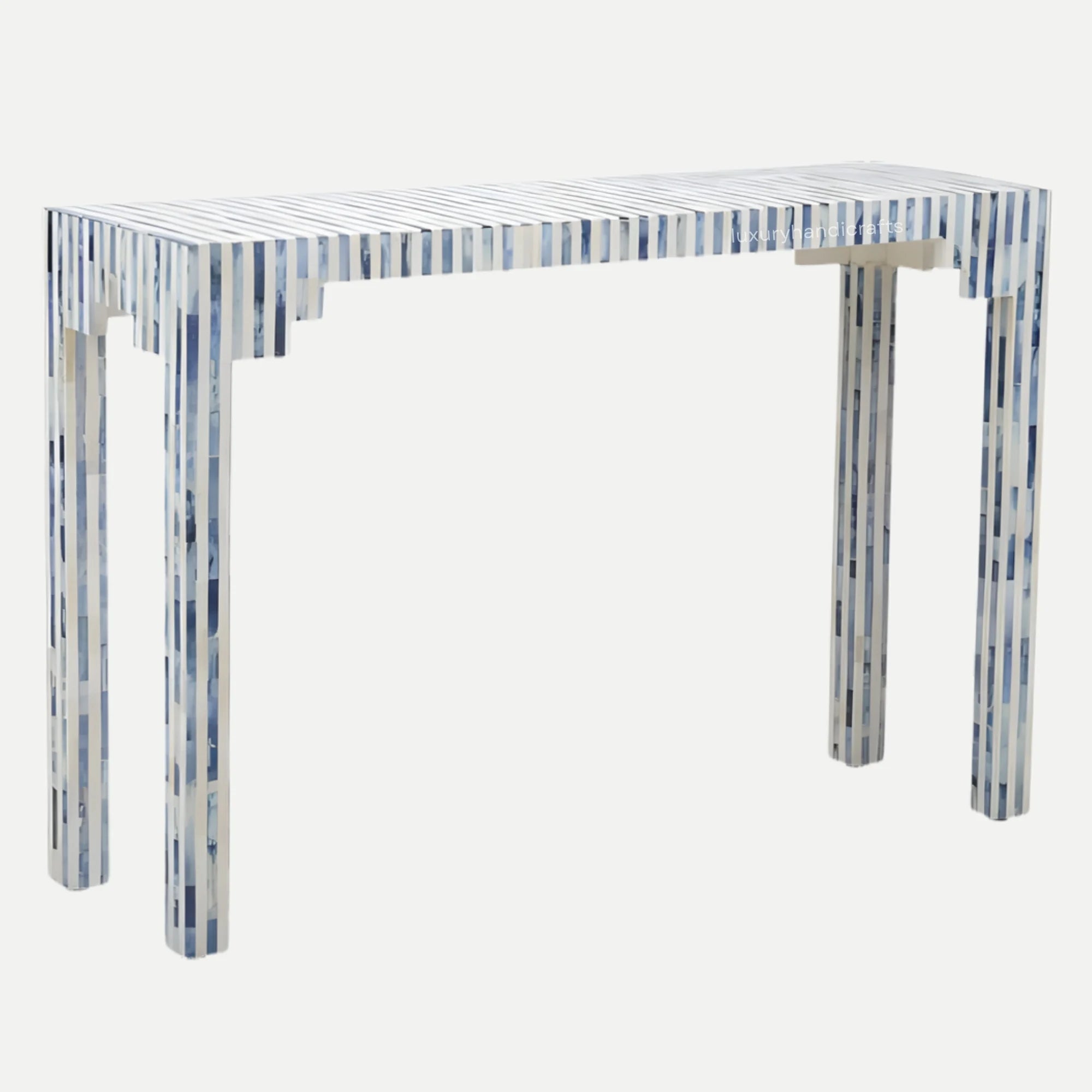 Clear console table with blue and white striped legs on a white background
