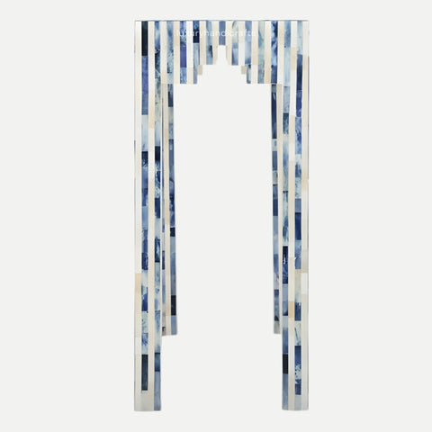 Scarf with blue and white striped pattern on a white background