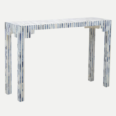 Clear console table with blue and white striped legs on a white background