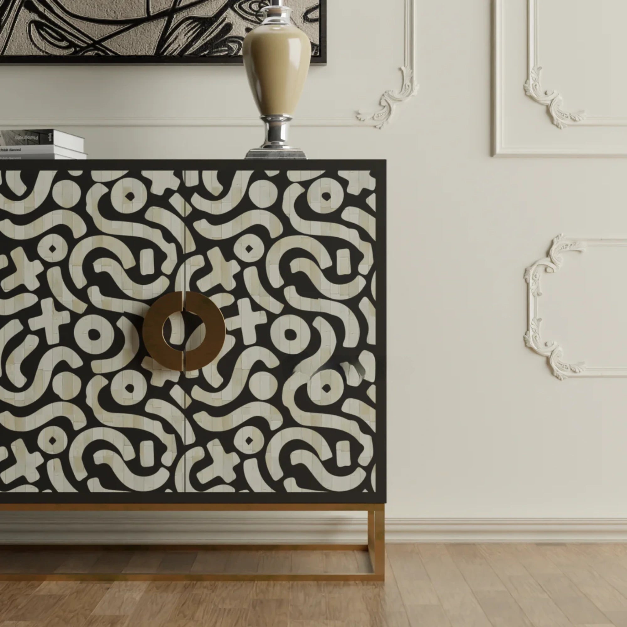 Decorative cabinet with geometric pattern in a room setting