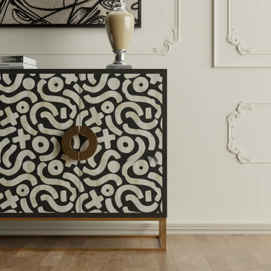 Decorative cabinet with geometric pattern in a room setting
