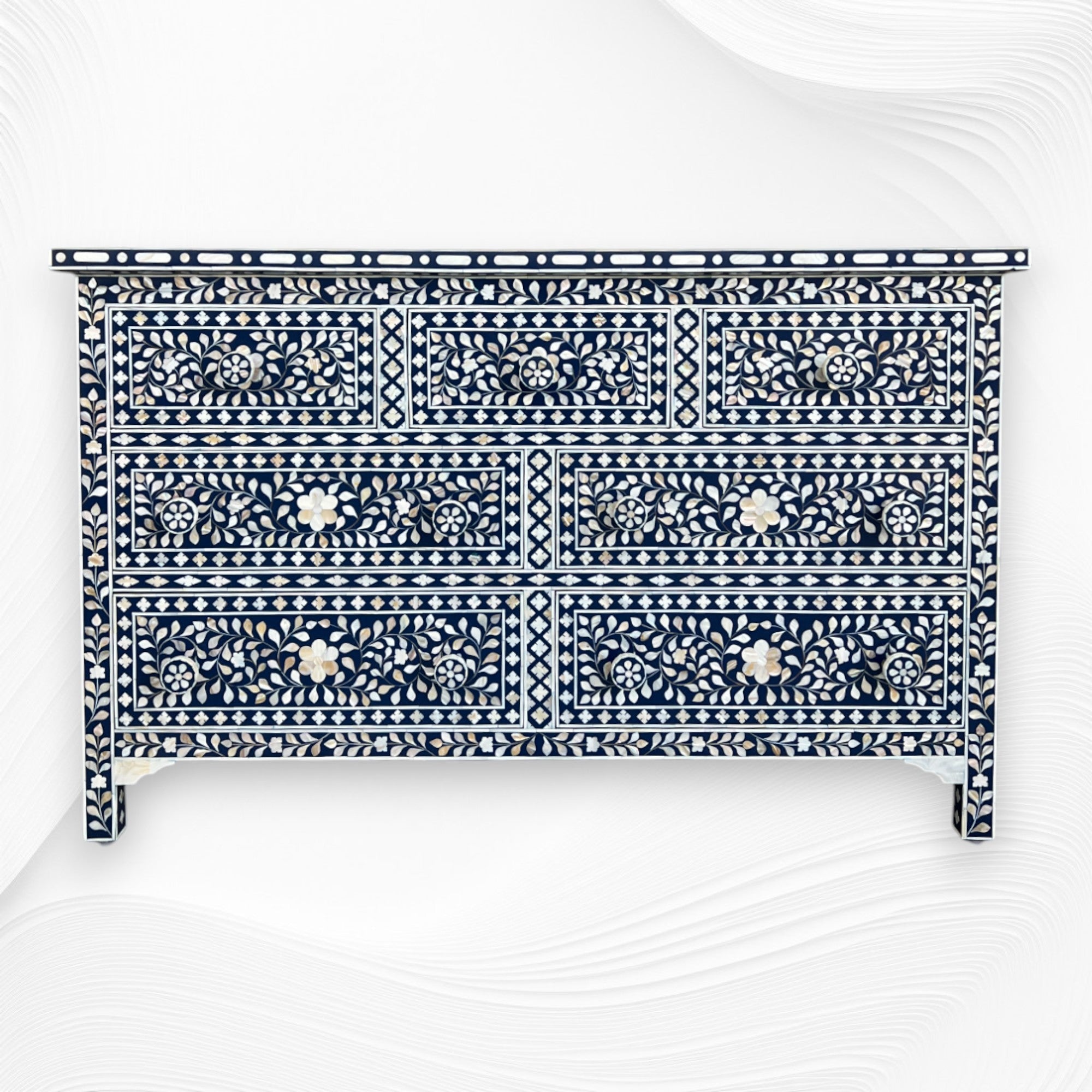 Dark Blue Mother of Pearl Inlay Chest Of 7 Drawers 6