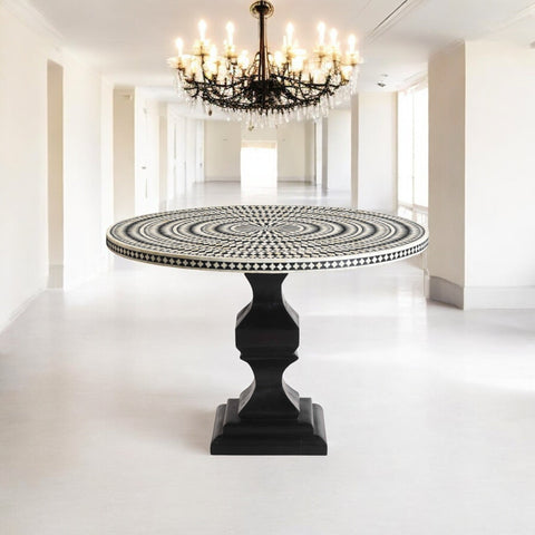 Diamond Bone Inlay Round Dining Table Black