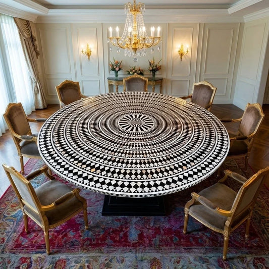A large round dining table with an intricate black and white geometric inlay pattern, surrounded by six upholstered wooden chairs in a classic European dining room with a chandelier and ornate rug.