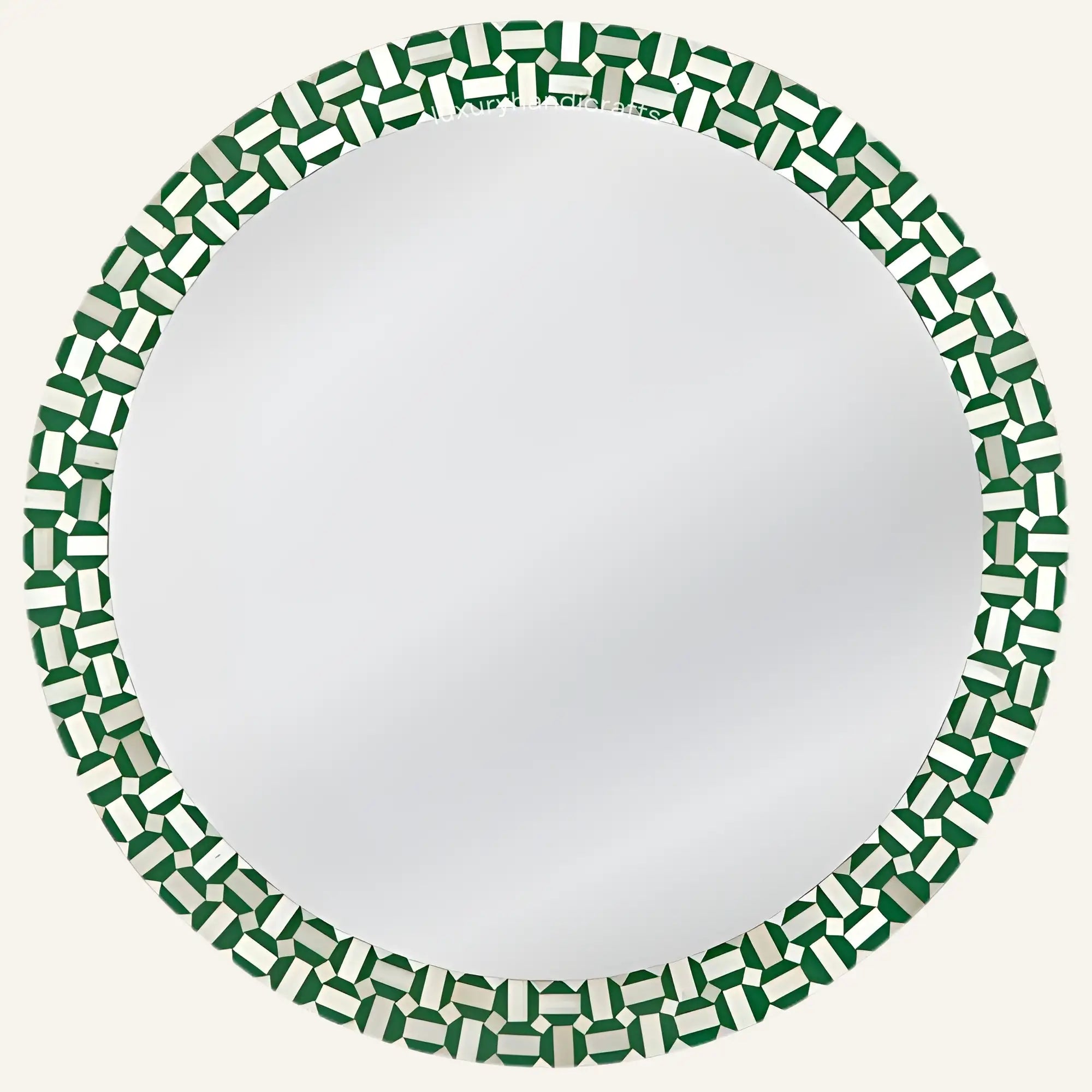 Round mirror with a green geometric border on a white background