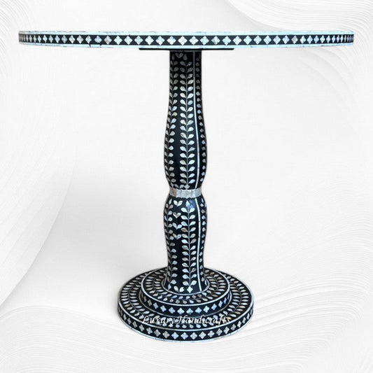 Emi floral mother of pearl dining table in black, alternate view of the round table top