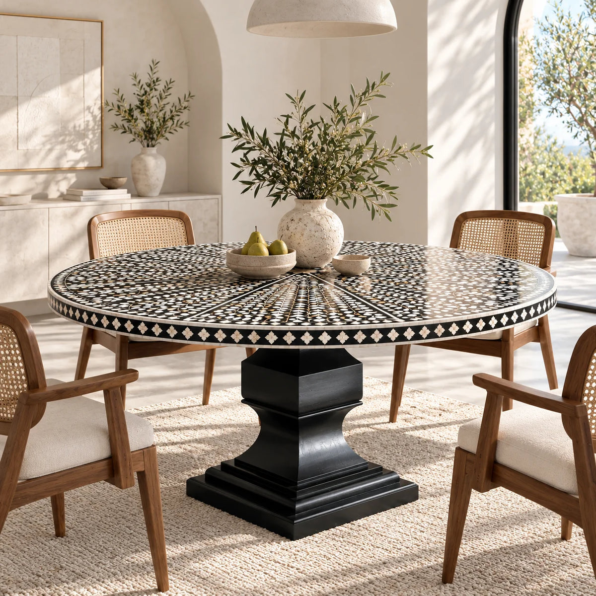 Round dining table with a black and white Mother of pearl inlay top and a black solid wooden base, surrounded by four wooden armchairs in a bright, modern dining room.