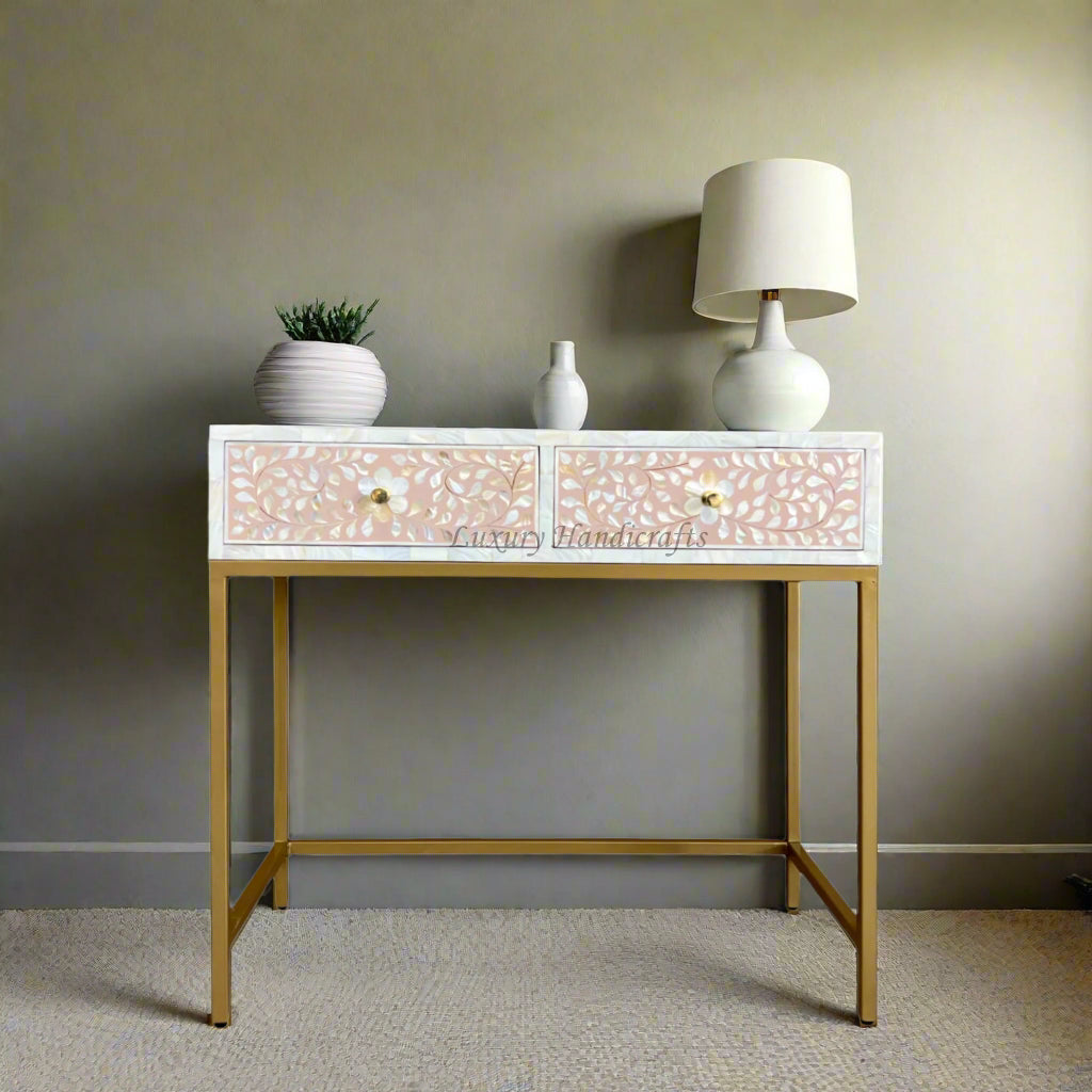 Floral MOP Inlay Console 2 Drawer Nude Pink 1