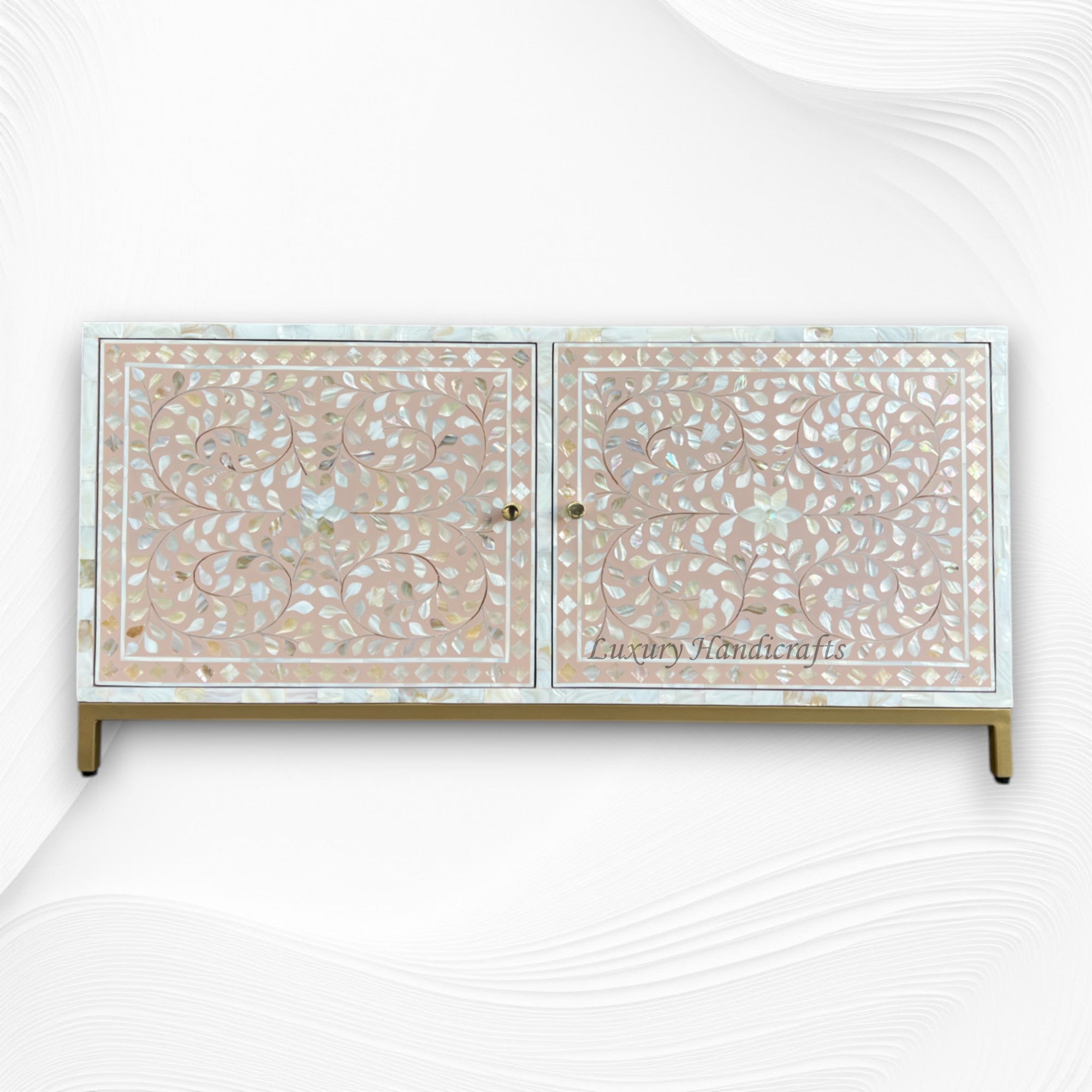 Floral MOP Inlay Low Cabinet 2 Door Nude Pink 5