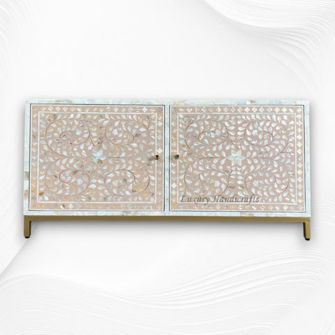 Floral MOP Inlay Low Cabinet 2 Door Nude Pink 5