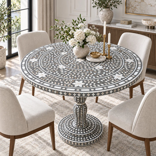 Round pedestal dining table with an intricate black and white bone-in-matte floral and geometric pattern, surrounded by four light beige upholstered dining chairs in a bright, modern dining room.
