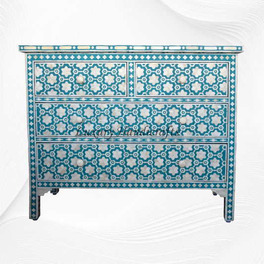 Flower Bone Inlay  4 Drawer Chest Teal Green