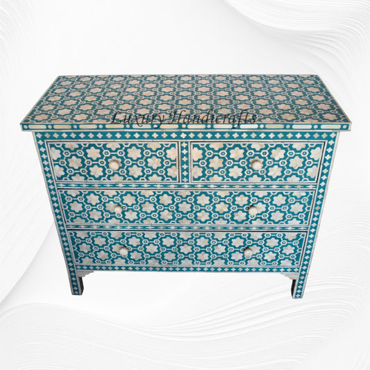 Flower Bone Inlay  4 Drawer Chest Teal Green
