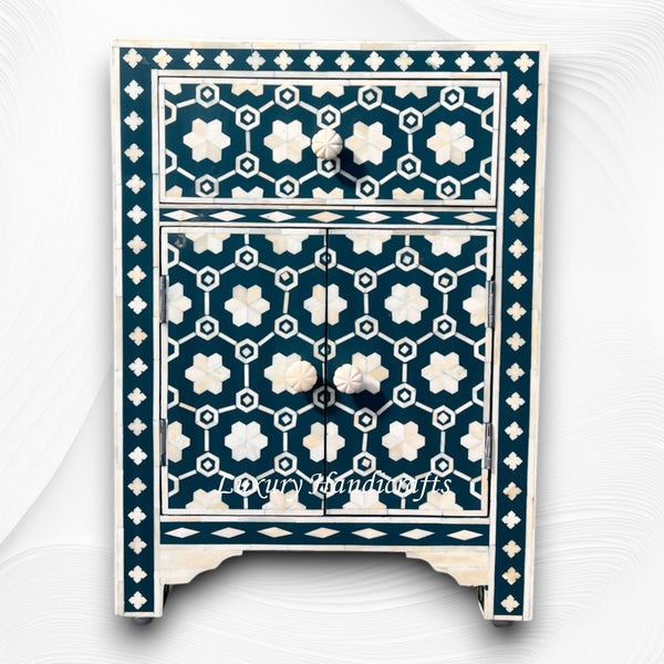 Flower Bone Inlay 1 Drawer 2 Door Bedside Table Teal Green 5