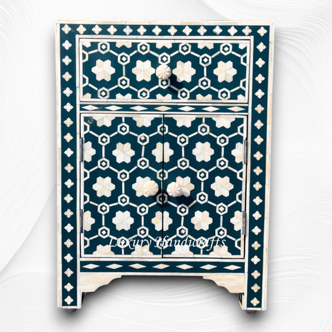 Flower Bone Inlay 1 Drawer 2 Door Bedside Table Teal Green 5