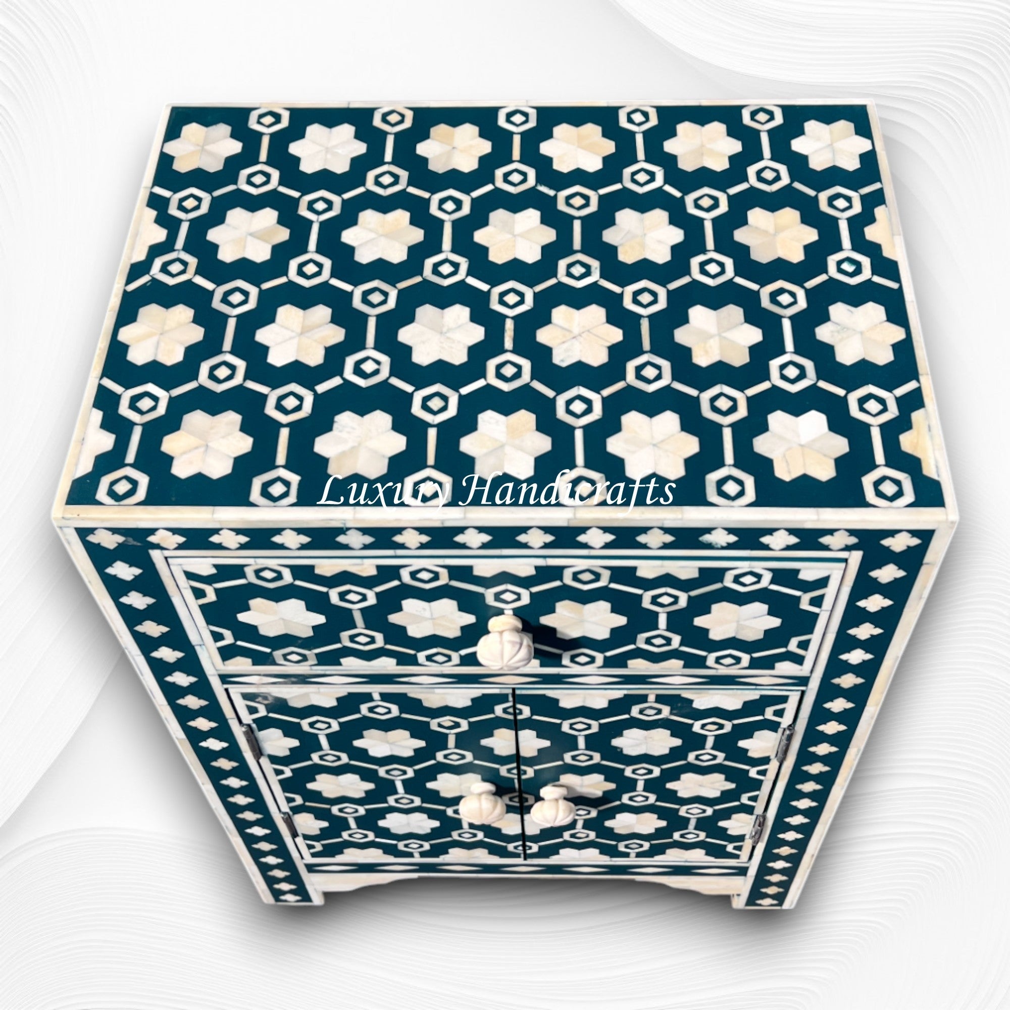 Flower Bone Inlay 1 Drawer 2 Door Bedside Table Teal Green 1