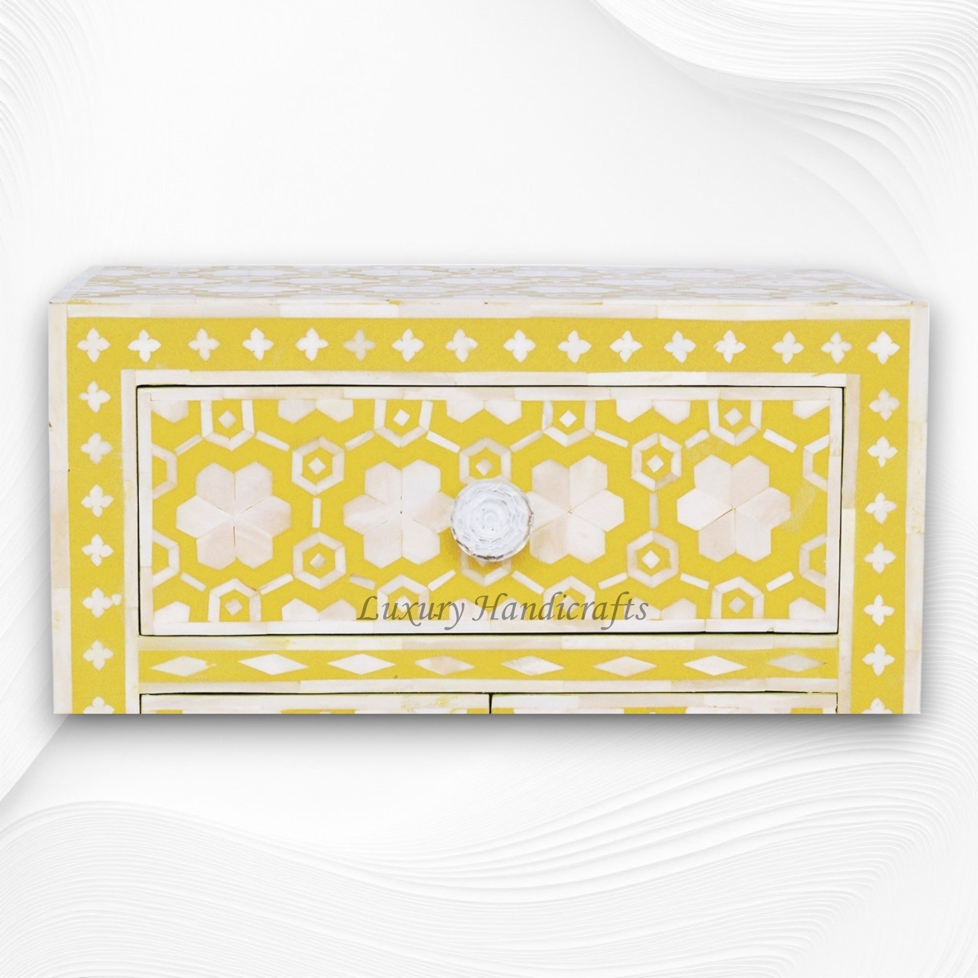 Handcrafted yellow bone inlay nightstand with floral design