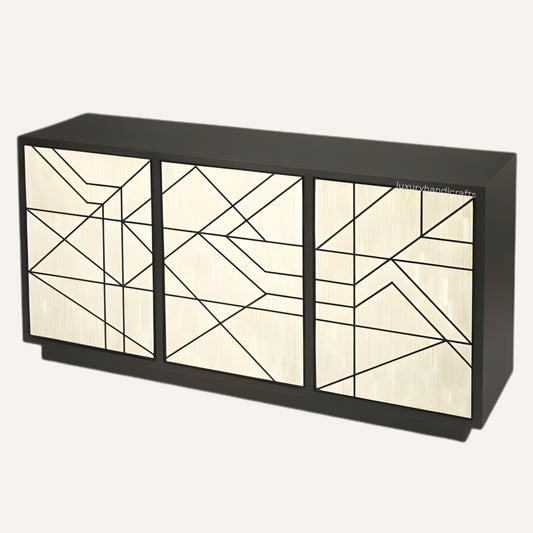 Black console table with geometric glass panels on a white background
