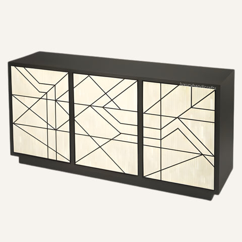 Black console table with geometric glass panels on a white background