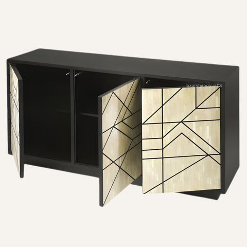 Black cabinet with geometric patterned doors on a white background