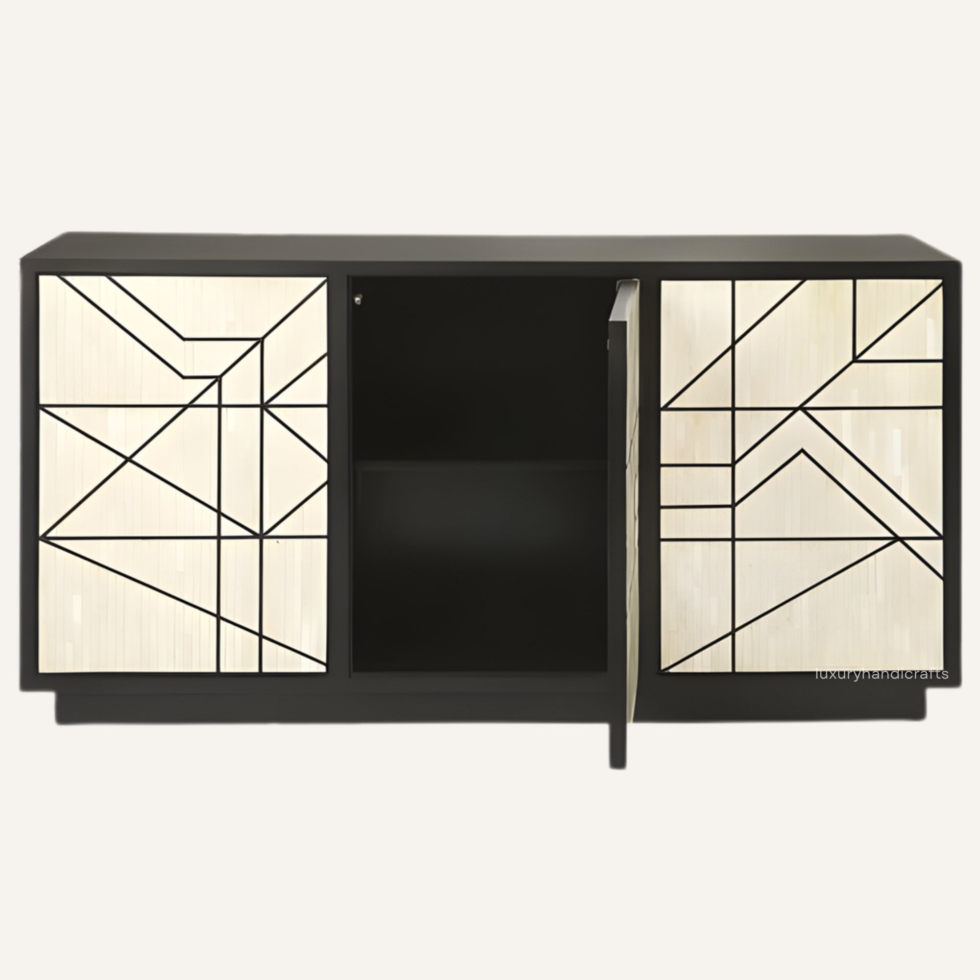 Black cabinet with geometric glass panels on a white background