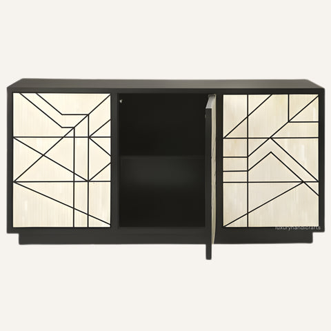 Black cabinet with geometric glass panels on a white background
