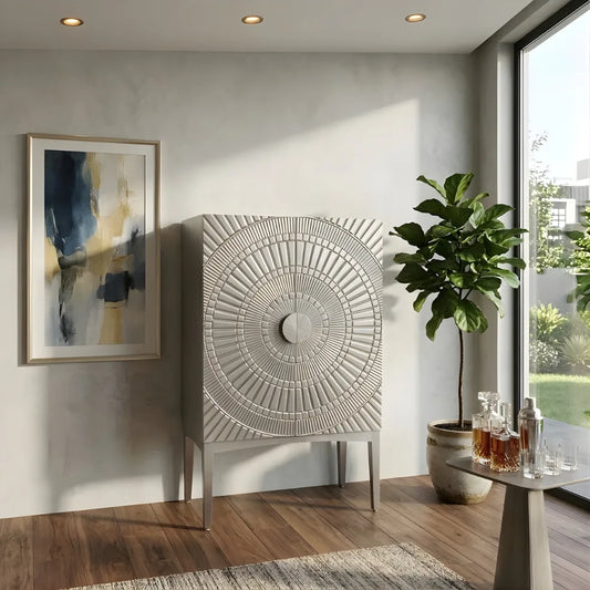 German Silver Fusion Bar Cabinet with geometric circular design and sleek metal legs, placed in a modern living room setup.