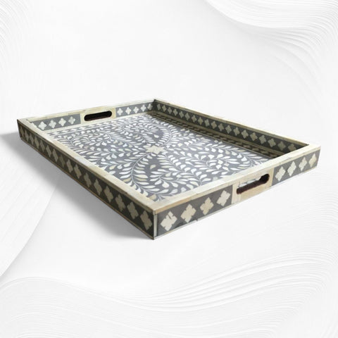 Grey Bone Inlaid Rectangular Tray Floral Design | Wood Inlay Tray