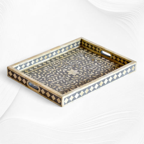 Grey Bone Inlaid Rectangular Tray Floral Design | Wood Inlay Tray
