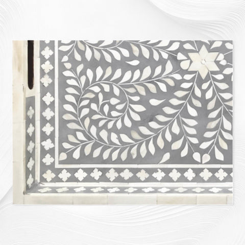 Grey Bone Inlaid Rectangular Tray Floral Design | Wood Inlay Tray
