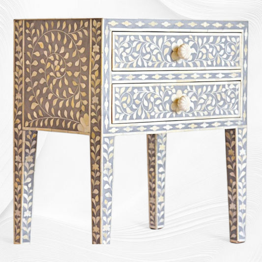 Grey Bone Inlay 2 Drawer Bedside Long Leg