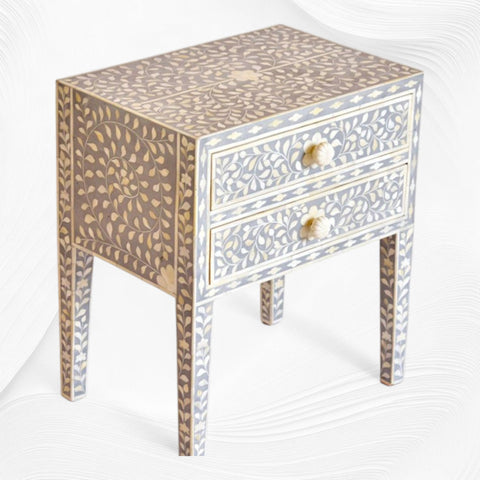 Grey Bone Inlay 2 Drawer Bedside Long Leg