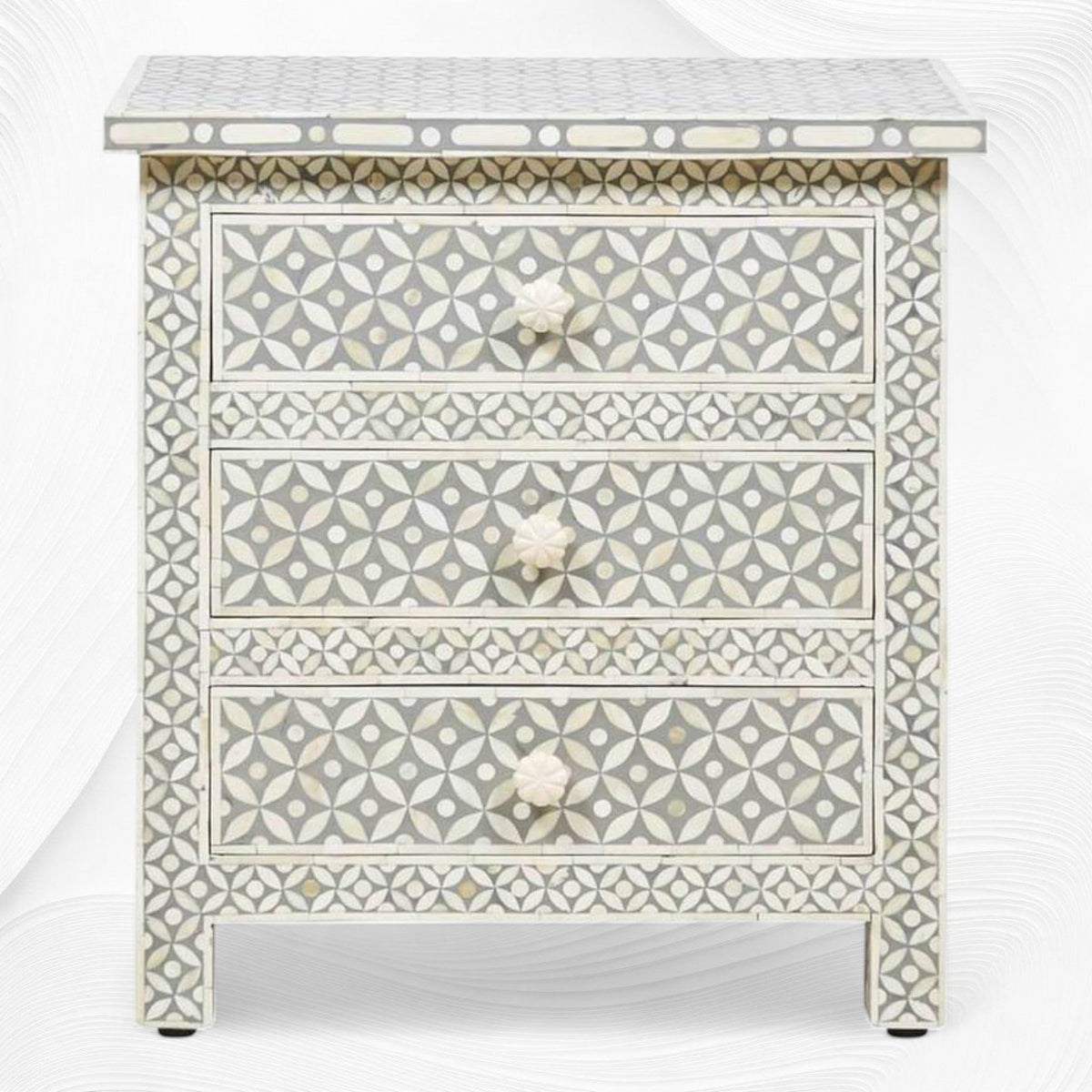 Grey Bone Inlay 3 Drawer Bedside Geometric