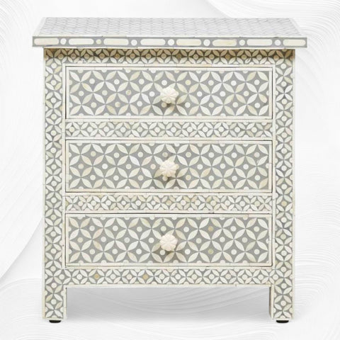 Grey Bone Inlay 3 Drawer Bedside Geometric