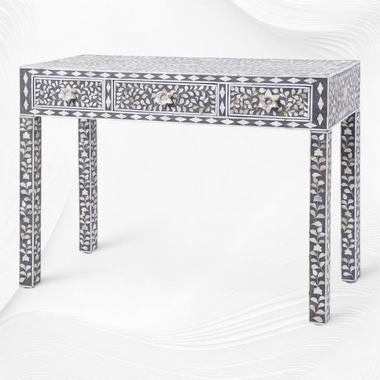 Grey Mother Of Pearl Inlay Floral 3 Drawer Console Table 4