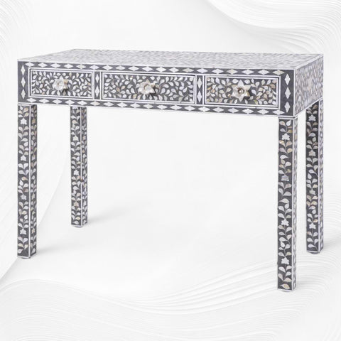 Grey Mother Of Pearl Inlay Floral 3 Drawer Console Table 4