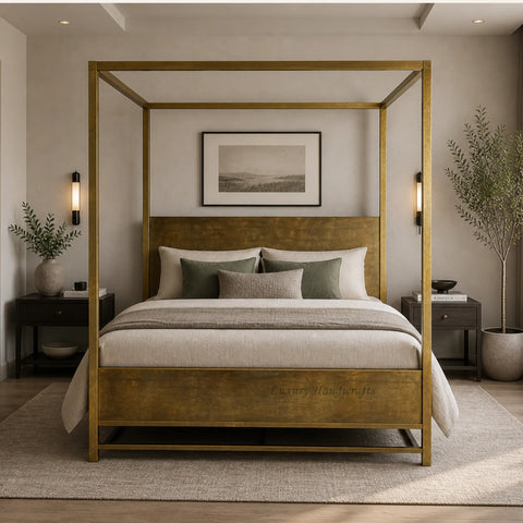 luxury brass bed front view in modern minimalist bedroom