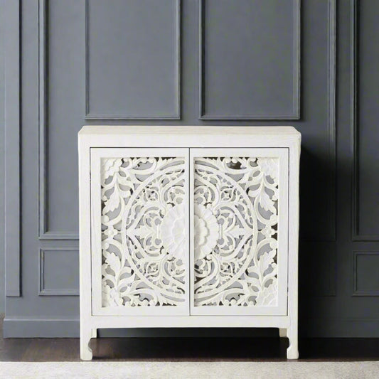 Handcarved Lombok Entryway Cabinet White 1