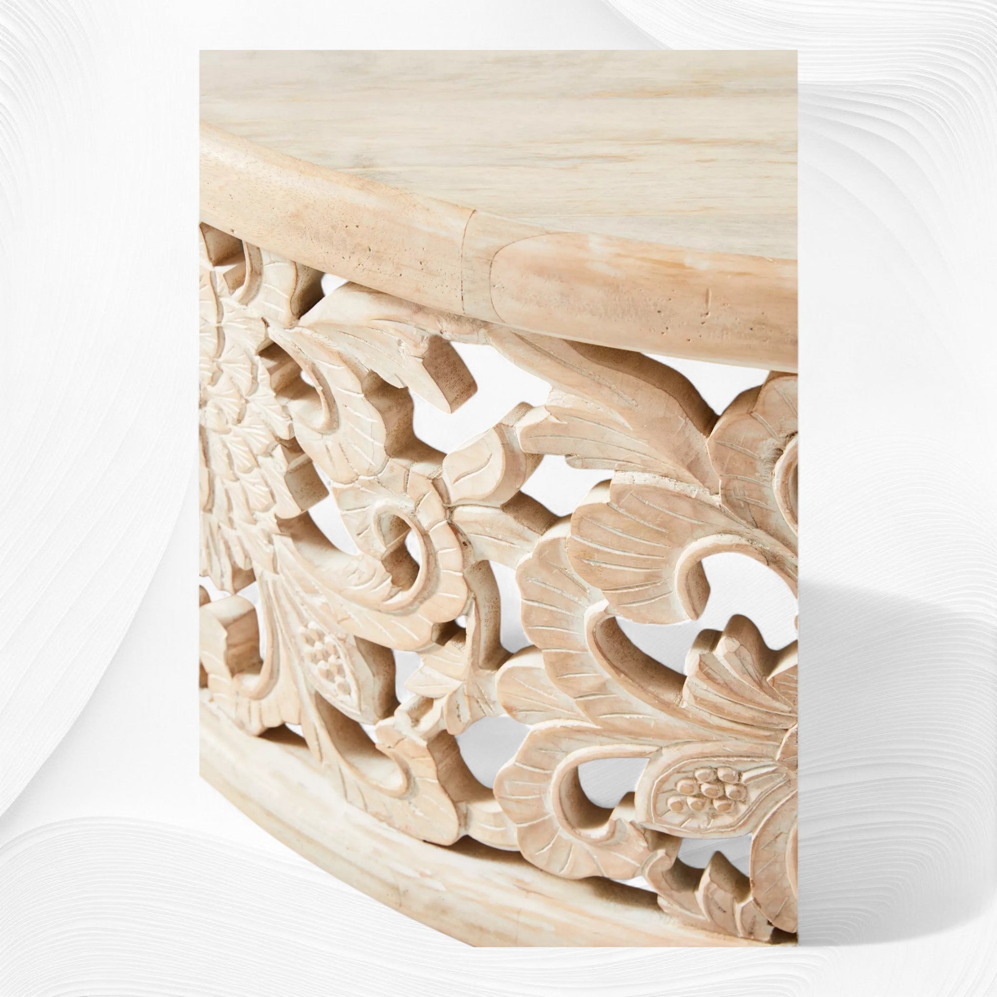 Handcarved Lotus Coffee Table Whtewash Finish 2
