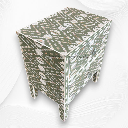 Ikat Design MOP Inlay Bedside 2 Drawer Pepper Leaf 2