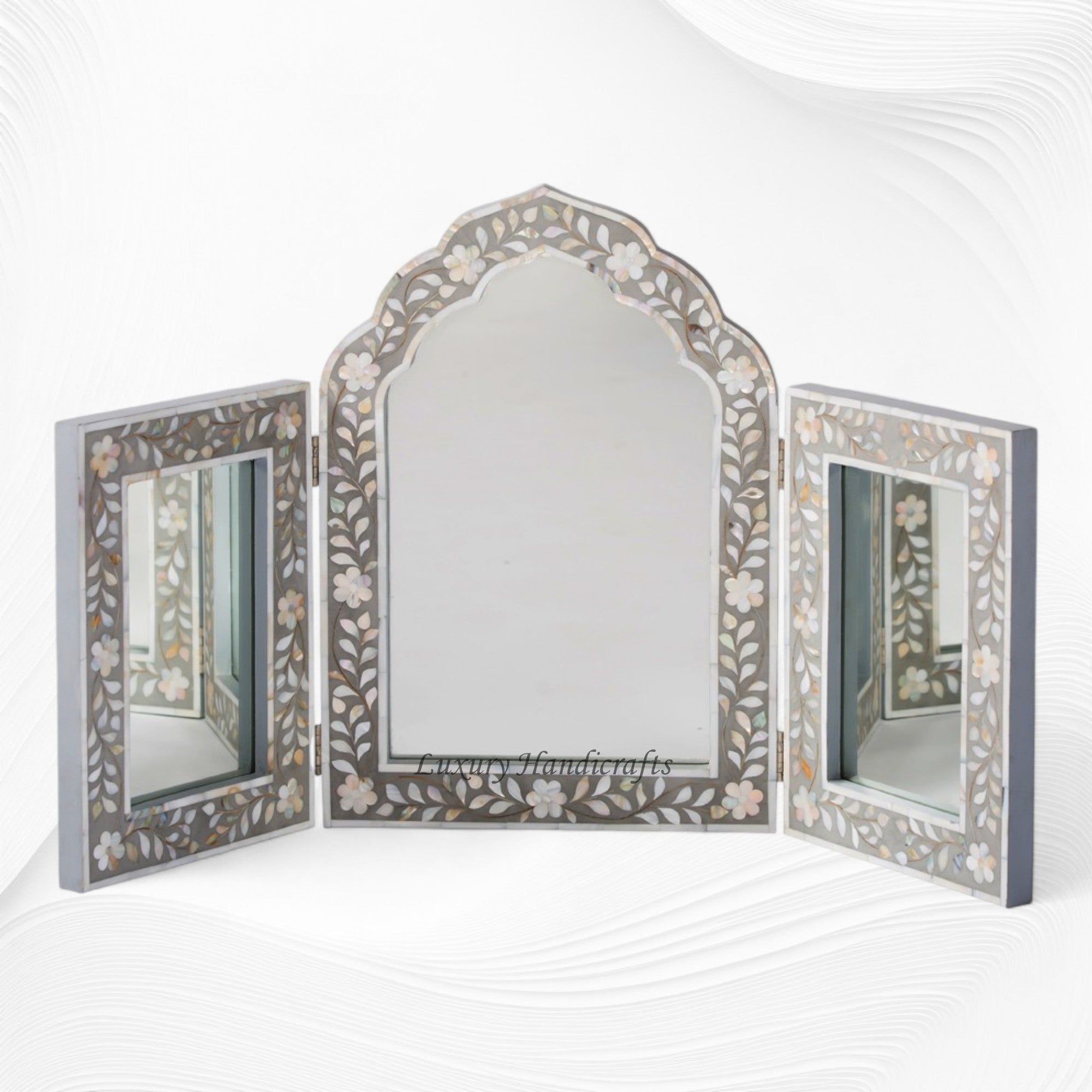 Isabelle MOP Inlay Floral Triple Mirror Grey 1