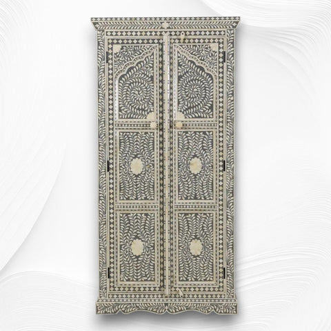 Jharokha Bone Inlay Floral Almirah Grey