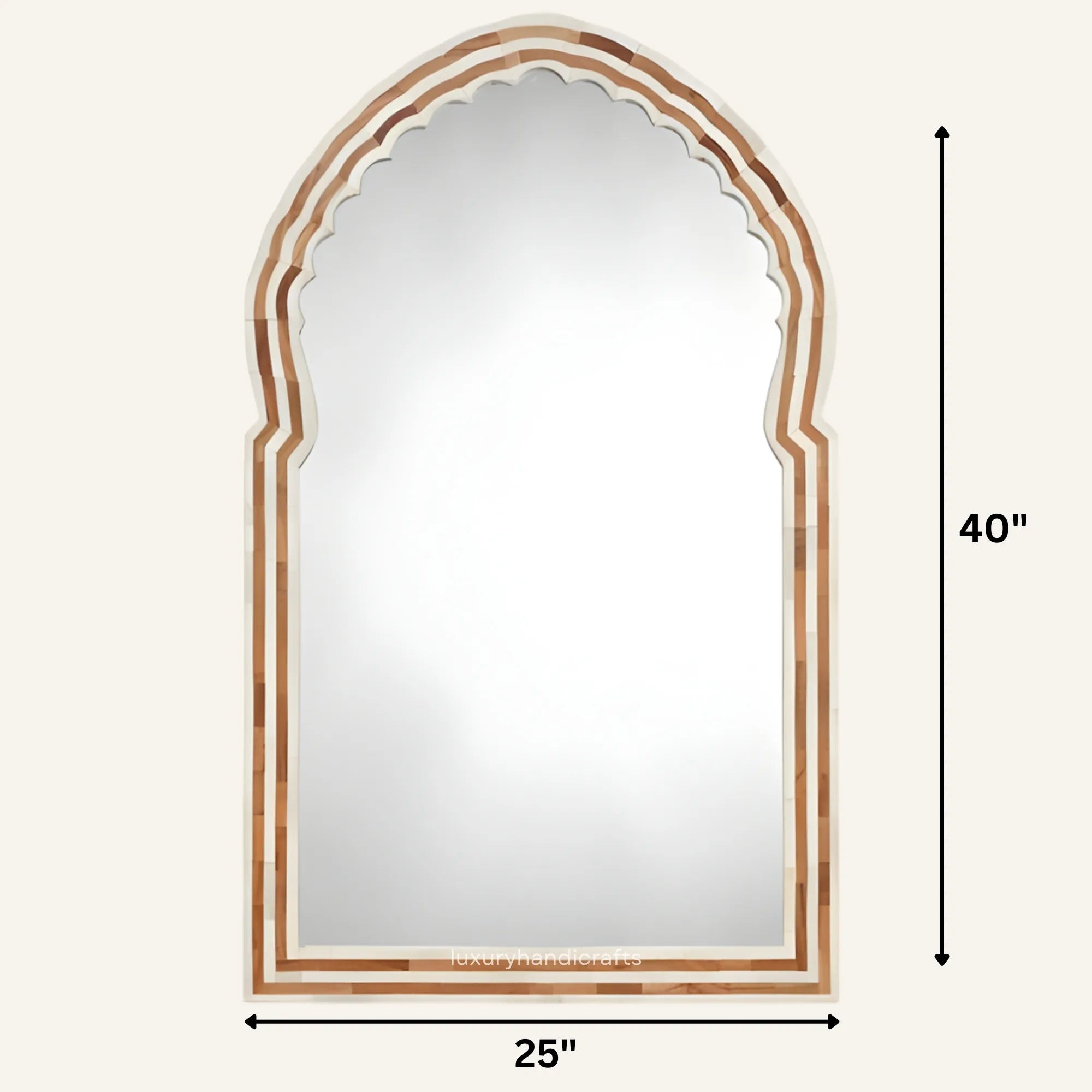 Arched mirror with wooden frame and measurements on a white background