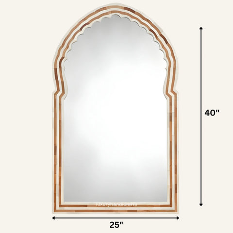 Arched mirror with wooden frame and measurements on a white background
