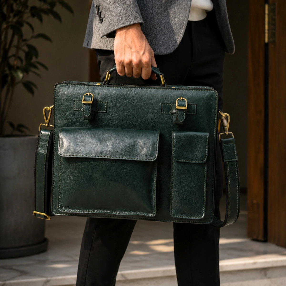 Kai Full Grain Leather Briefcase - Dark Green