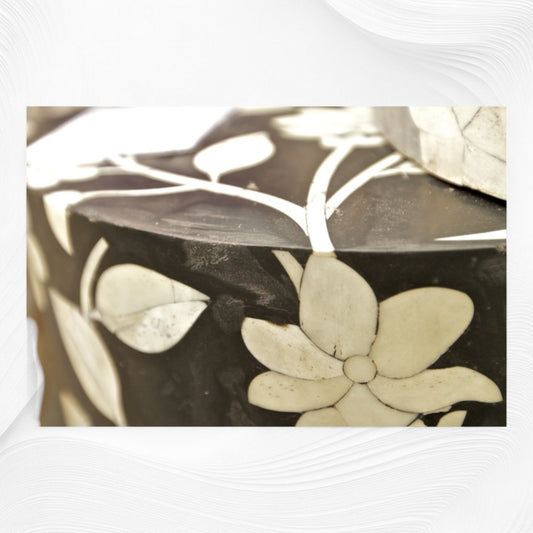 Lola Bone Inlay Round Stool Floral Black
