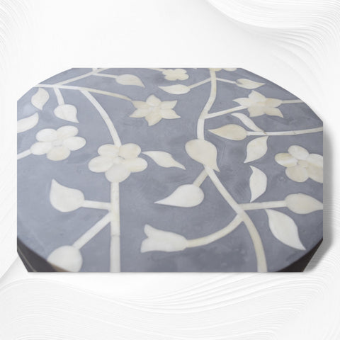 Lola Bone Inlay Round Stool Floral Light Grey