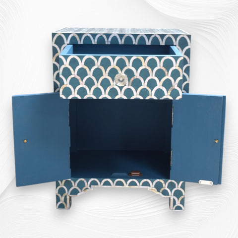 MOP Inlay 1 Drawer 2 Door Fishscale Design Bedside Teal Green