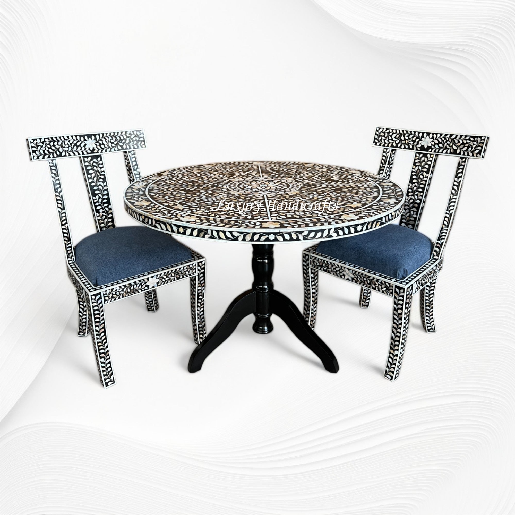MOP Inlay Floral Dining and Chair Set Black 4